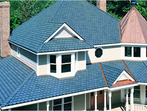 Blue tile roof on a multi-story home
