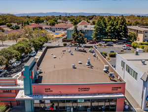 Commercial roofing project viewed from above