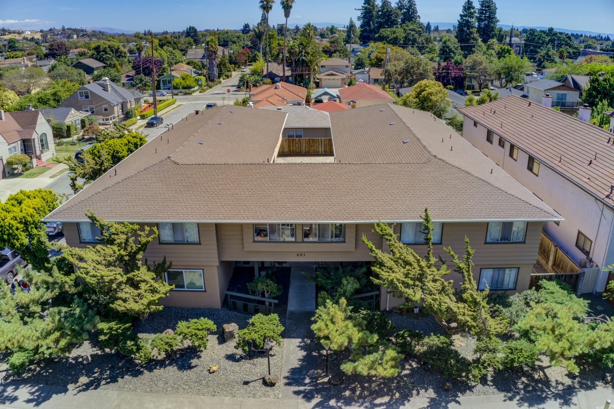 Aerial view of a residential roofing project in San Leandro