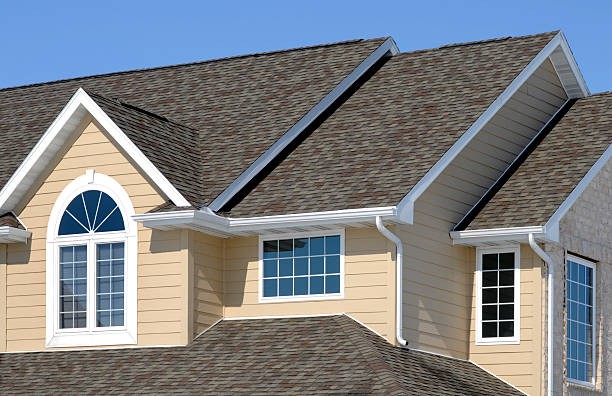 Finished shingle roof above an arched window